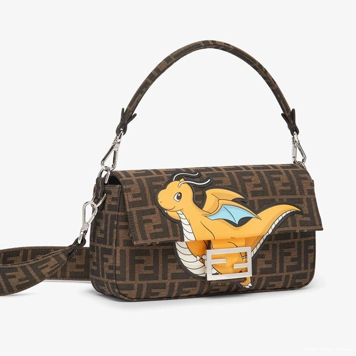 Affordable Medium Fabric Pokmon Fendi In FF Brown Motif Baguette Yellow Dragon Bag 0728